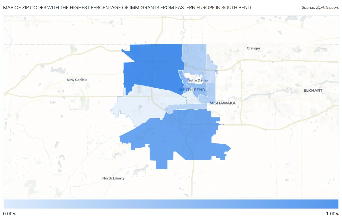 Zip Codes with the Highest Percentage of Immigrants from Eastern Europe in South Bend Map