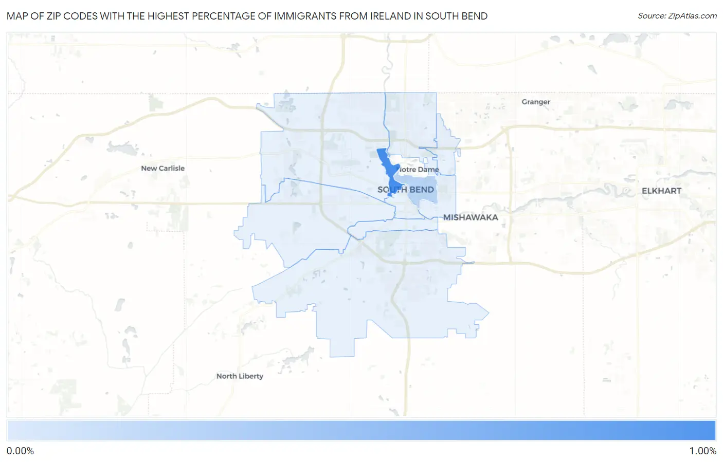 Zip Codes with the Highest Percentage of Immigrants from Ireland in South Bend Map