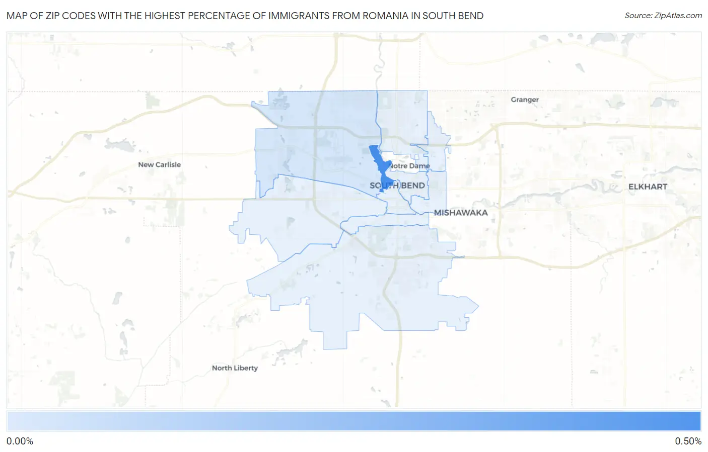 Zip Codes with the Highest Percentage of Immigrants from Romania in South Bend Map