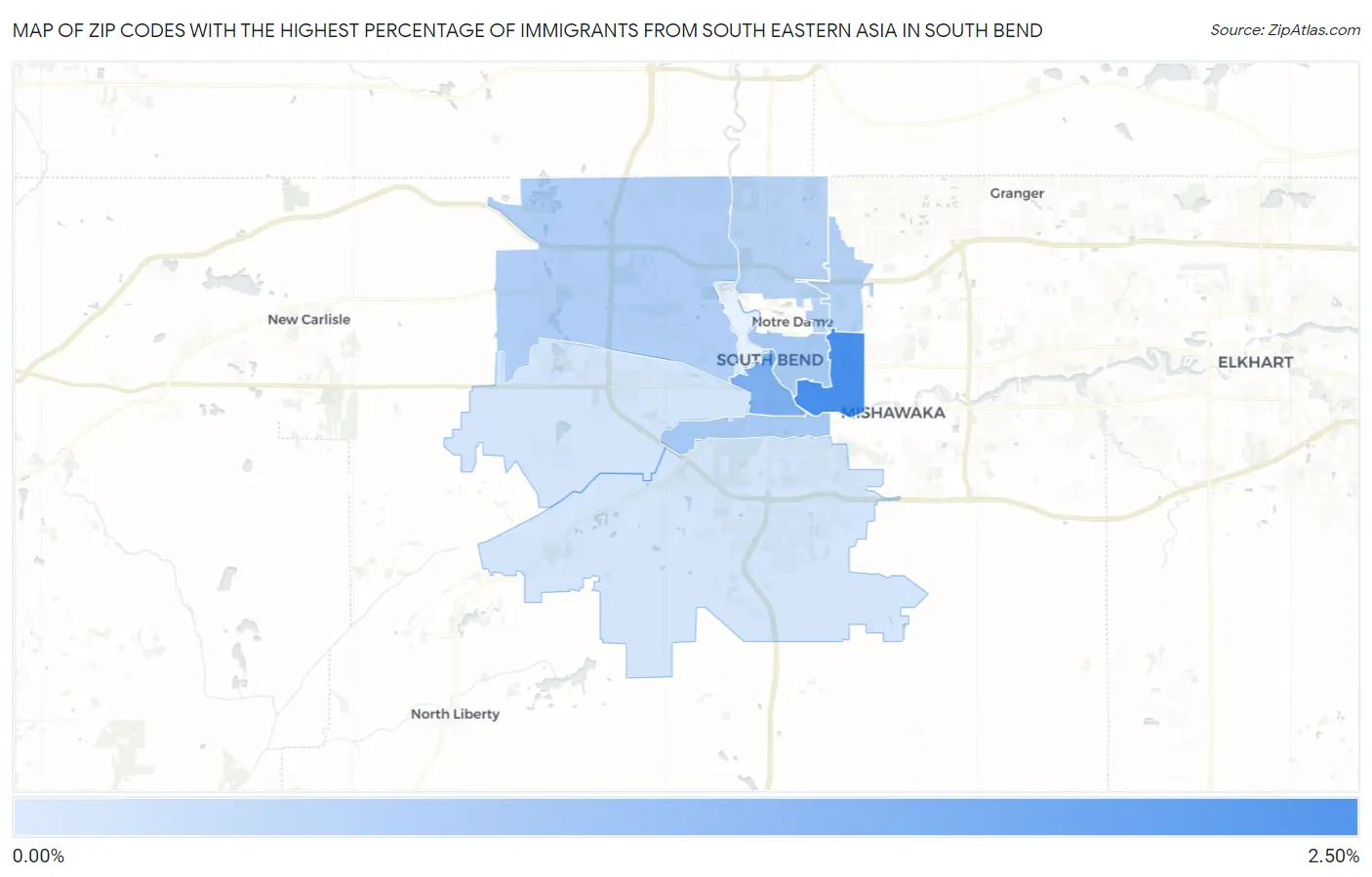 Zip Codes with the Highest Percentage of Immigrants from South Eastern Asia in South Bend Map