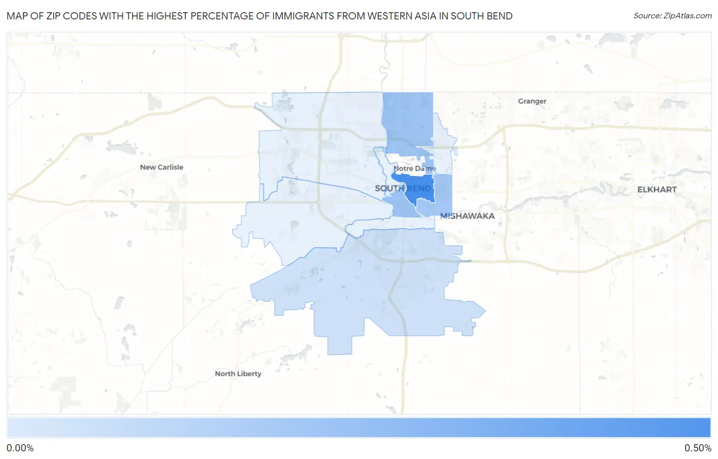 Zip Codes with the Highest Percentage of Immigrants from Western Asia in South Bend Map