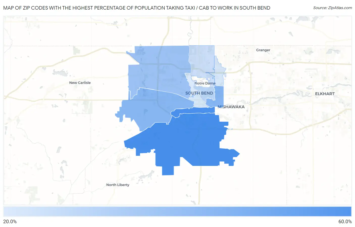 Zip Codes with the Highest Percentage of Population Taking Taxi / Cab to Work in South Bend Map
