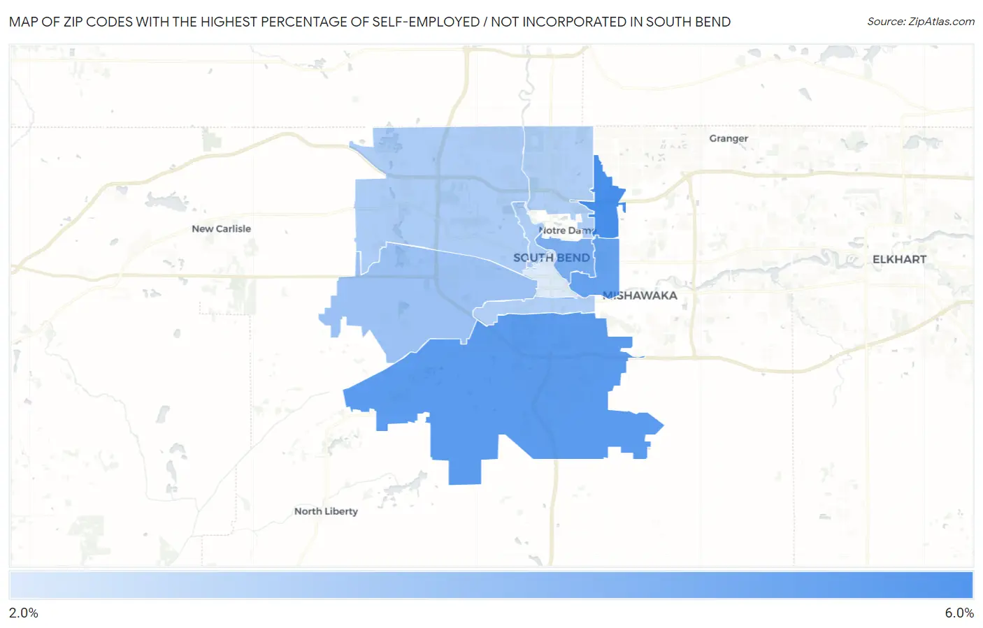 Zip Codes with the Highest Percentage of Self-Employed / Not Incorporated in South Bend Map