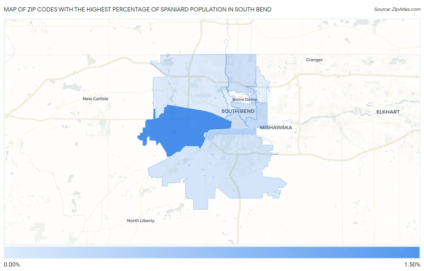 Zip Codes with the Highest Percentage of Spaniard Population in South Bend Map