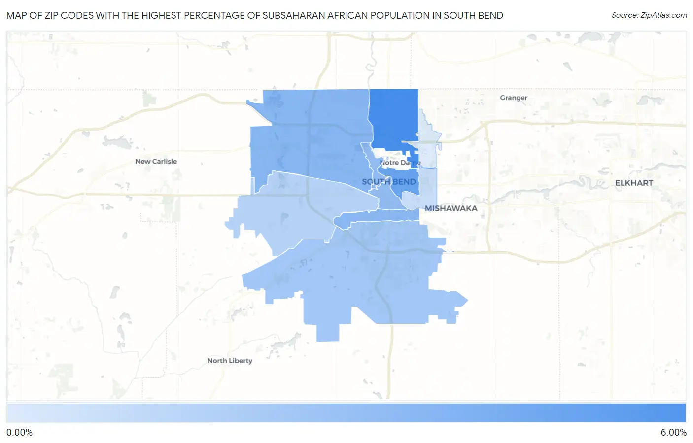 Zip Codes with the Highest Percentage of Subsaharan African Population in South Bend Map