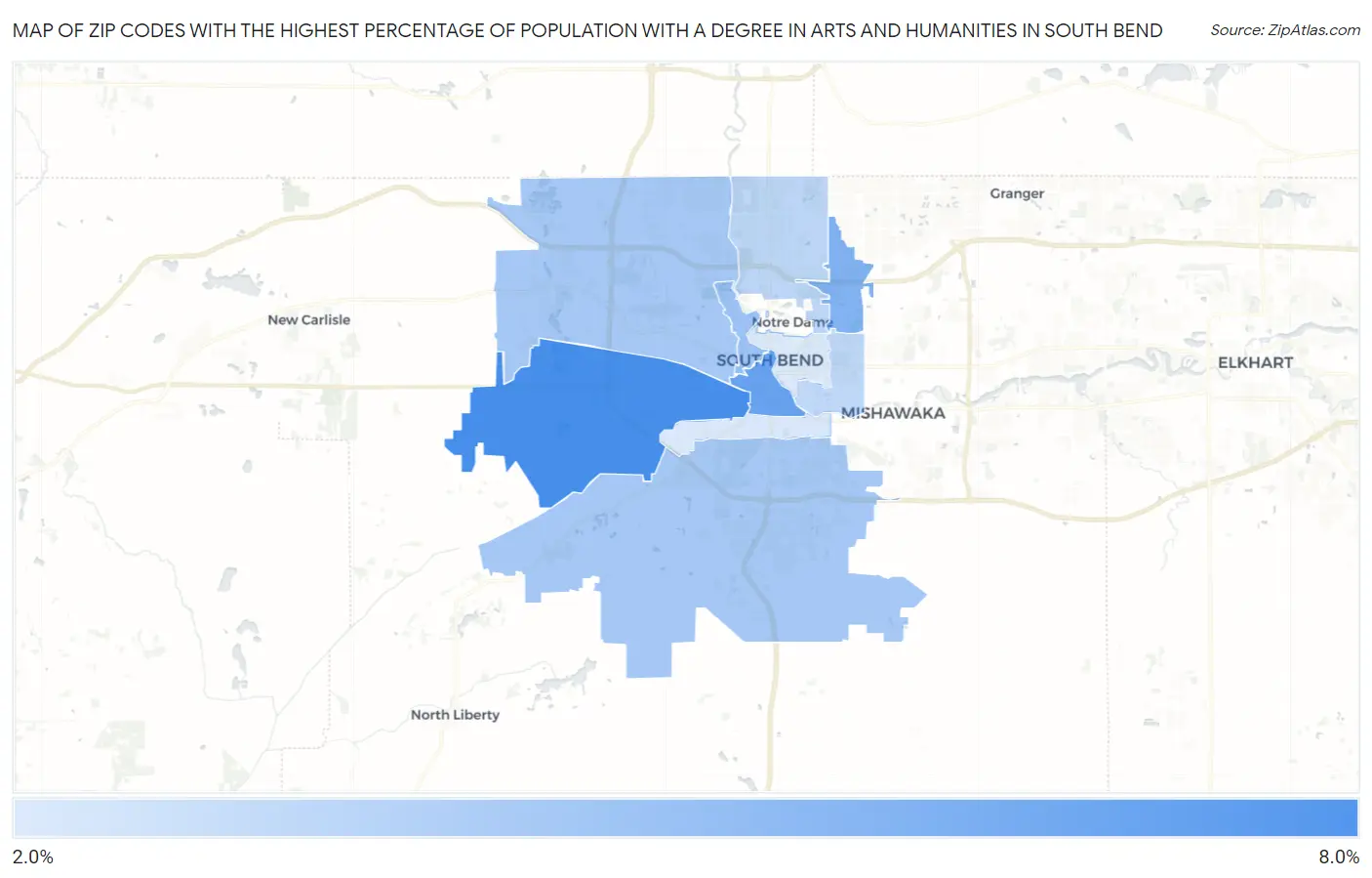 Zip Codes with the Highest Percentage of Population with a Degree in Arts and Humanities in South Bend Map