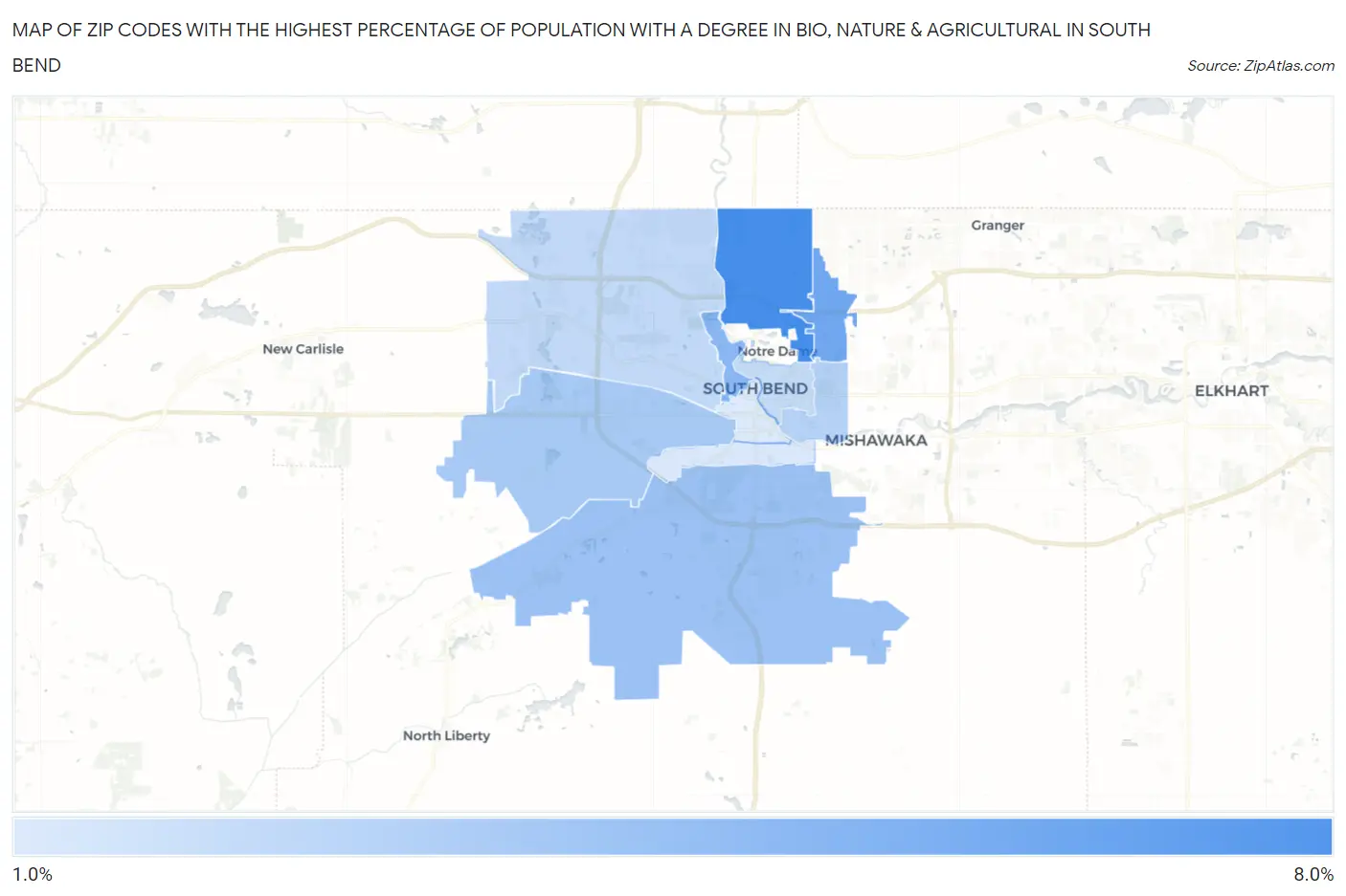 Zip Codes with the Highest Percentage of Population with a Degree in Bio, Nature & Agricultural in South Bend Map