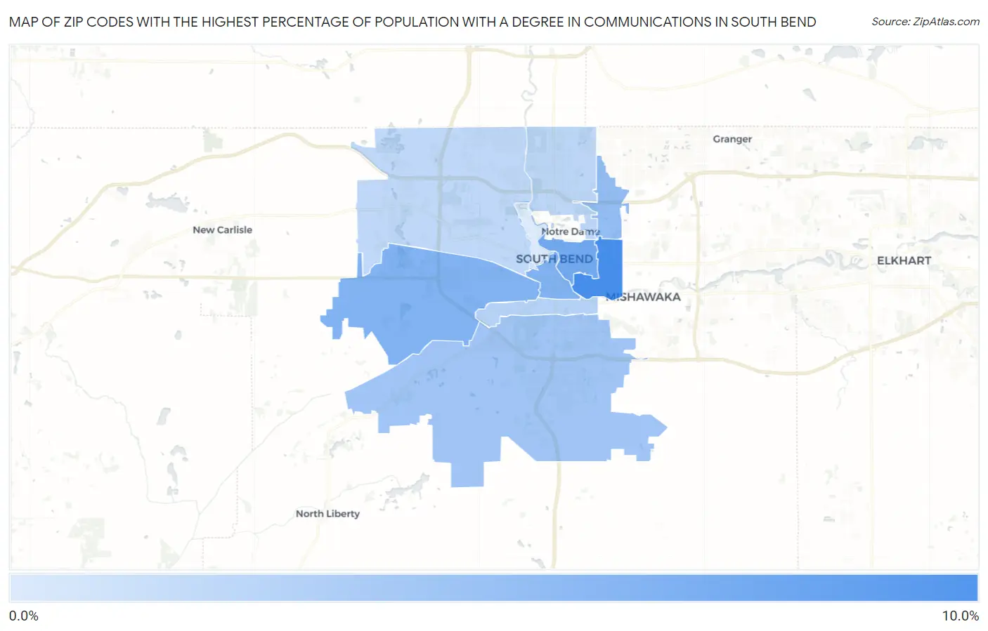 Zip Codes with the Highest Percentage of Population with a Degree in Communications in South Bend Map