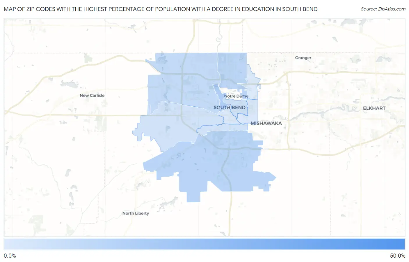 Zip Codes with the Highest Percentage of Population with a Degree in Education in South Bend Map