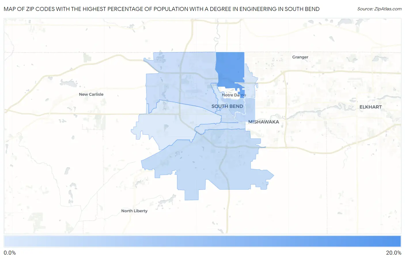 Zip Codes with the Highest Percentage of Population with a Degree in Engineering in South Bend Map