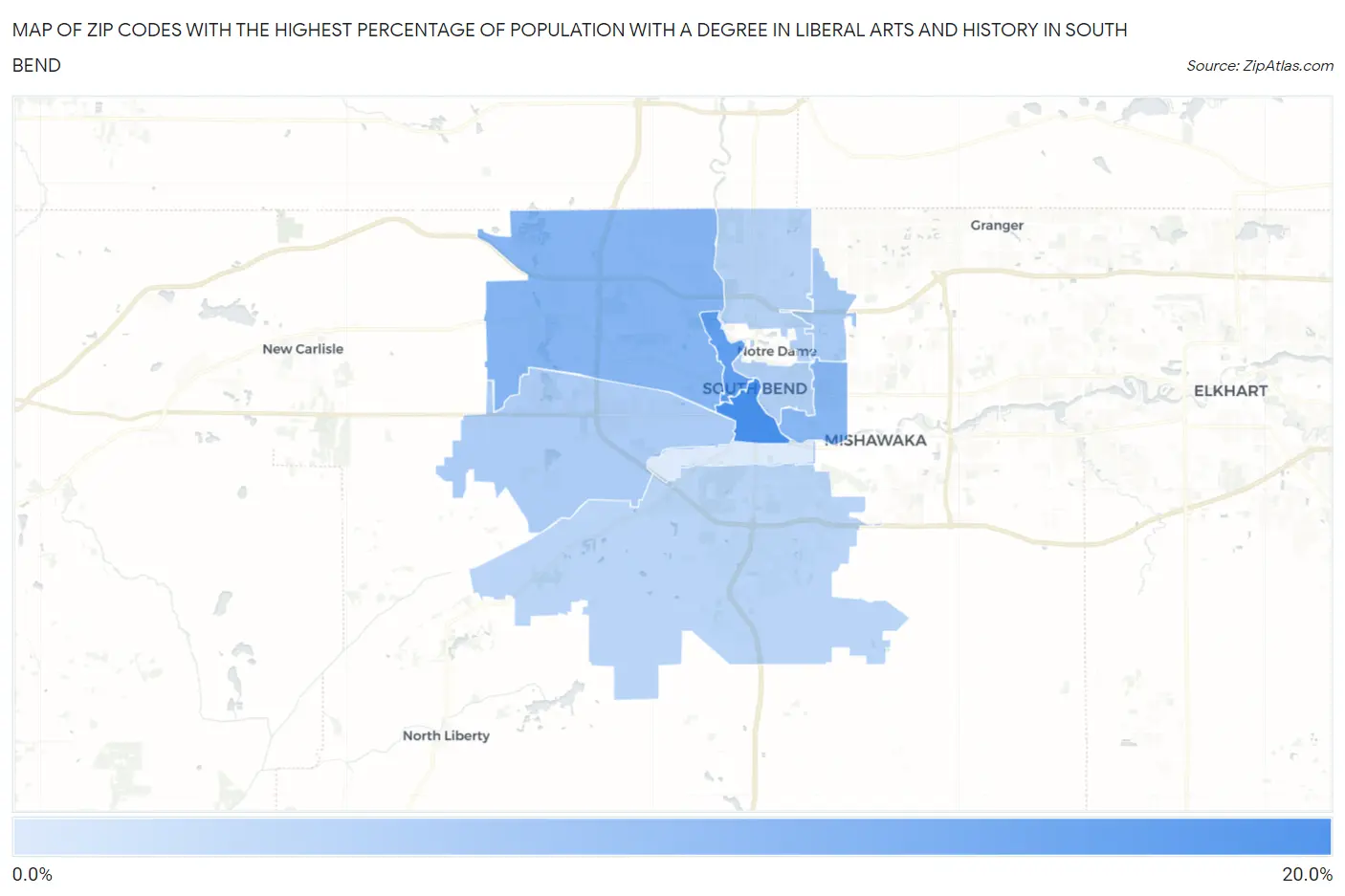 Zip Codes with the Highest Percentage of Population with a Degree in Liberal Arts and History in South Bend Map