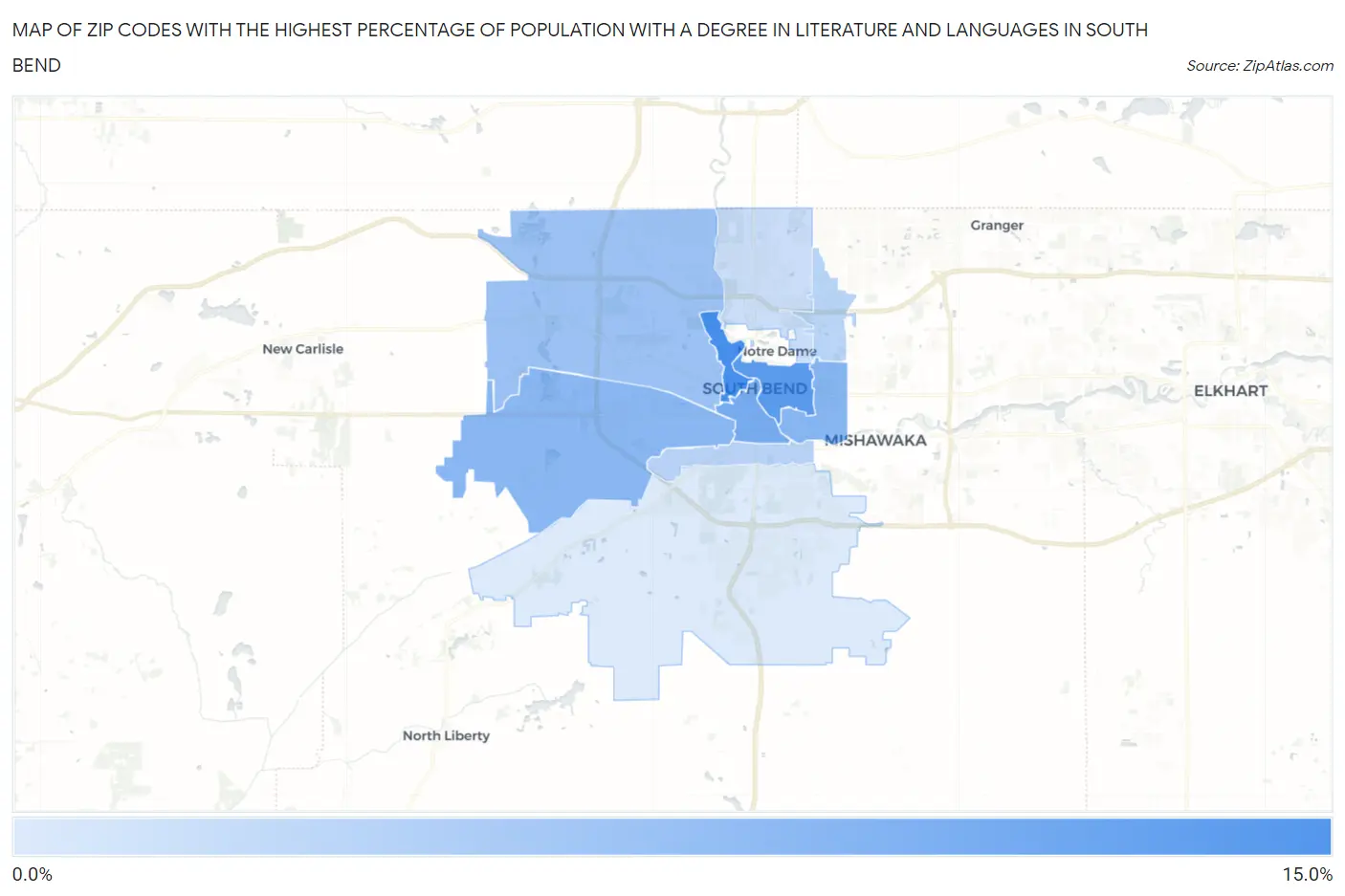 Zip Codes with the Highest Percentage of Population with a Degree in Literature and Languages in South Bend Map