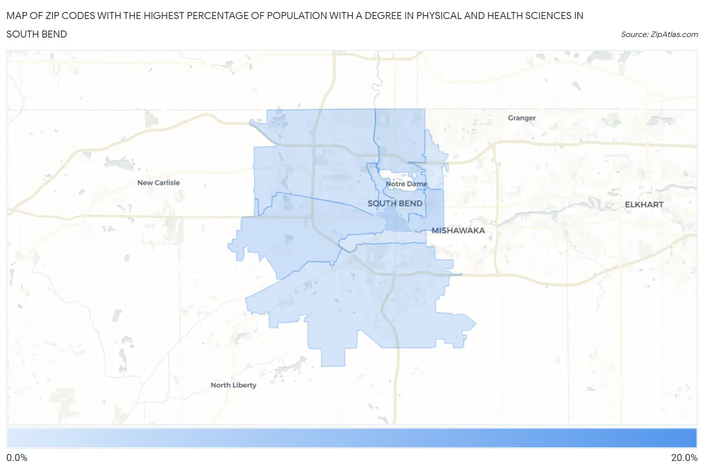 Zip Codes with the Highest Percentage of Population with a Degree in Physical and Health Sciences in South Bend Map