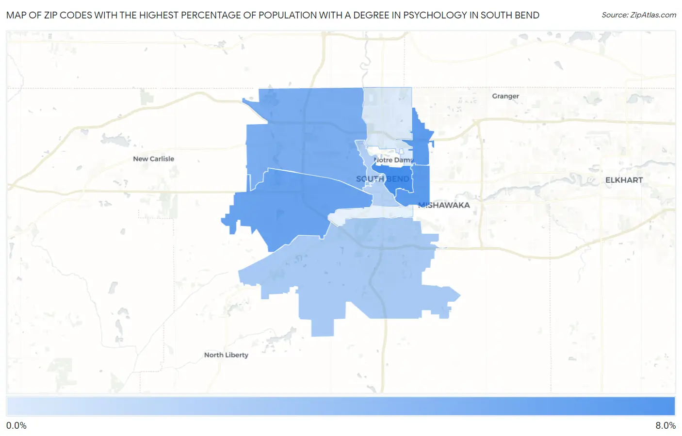 Zip Codes with the Highest Percentage of Population with a Degree in Psychology in South Bend Map