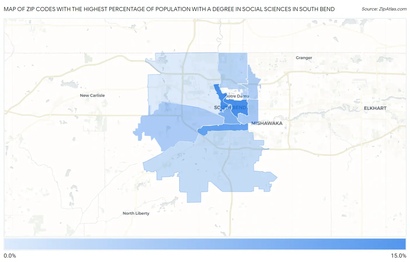 Zip Codes with the Highest Percentage of Population with a Degree in Social Sciences in South Bend Map