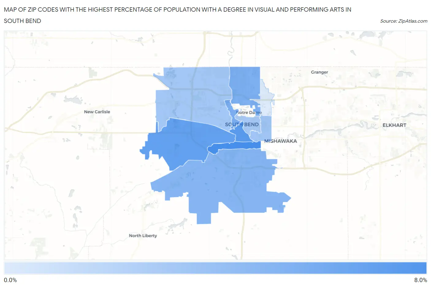 Zip Codes with the Highest Percentage of Population with a Degree in Visual and Performing Arts in South Bend Map