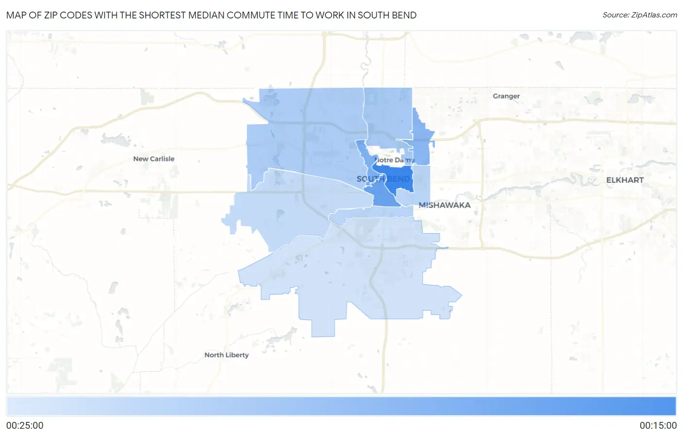 Zip Codes with the Shortest Median Commute Time to Work in South Bend Map