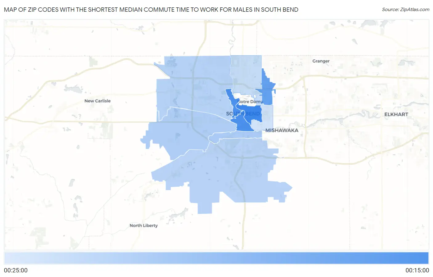 Zip Codes with the Shortest Median Commute Time to Work for Males in South Bend Map