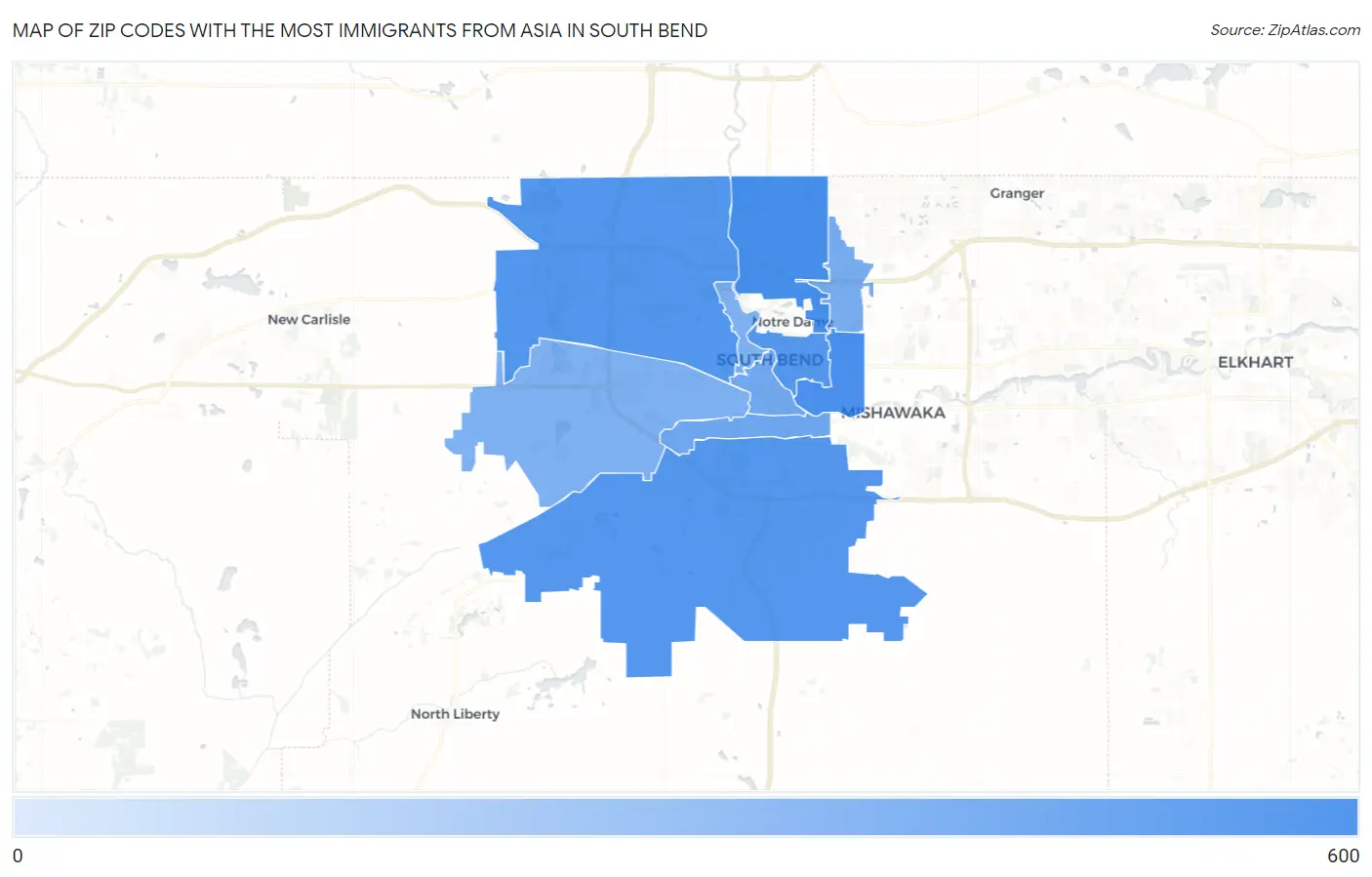 Zip Codes with the Most Immigrants from Asia in South Bend Map