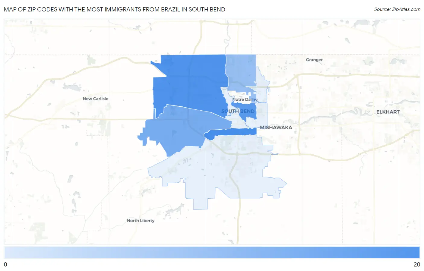 Zip Codes with the Most Immigrants from Brazil in South Bend Map