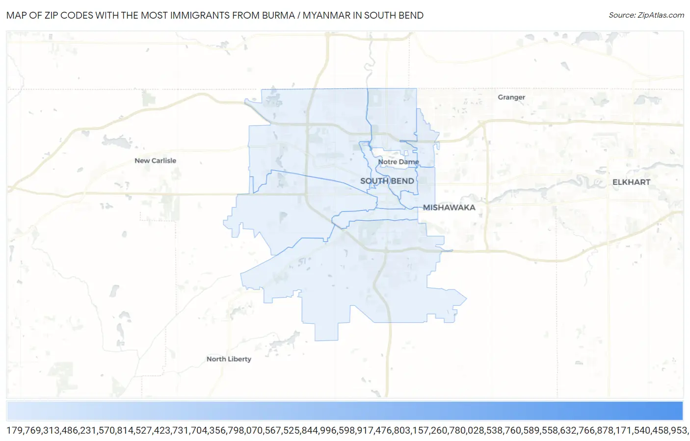 Zip Codes with the Most Immigrants from Burma / Myanmar in South Bend Map