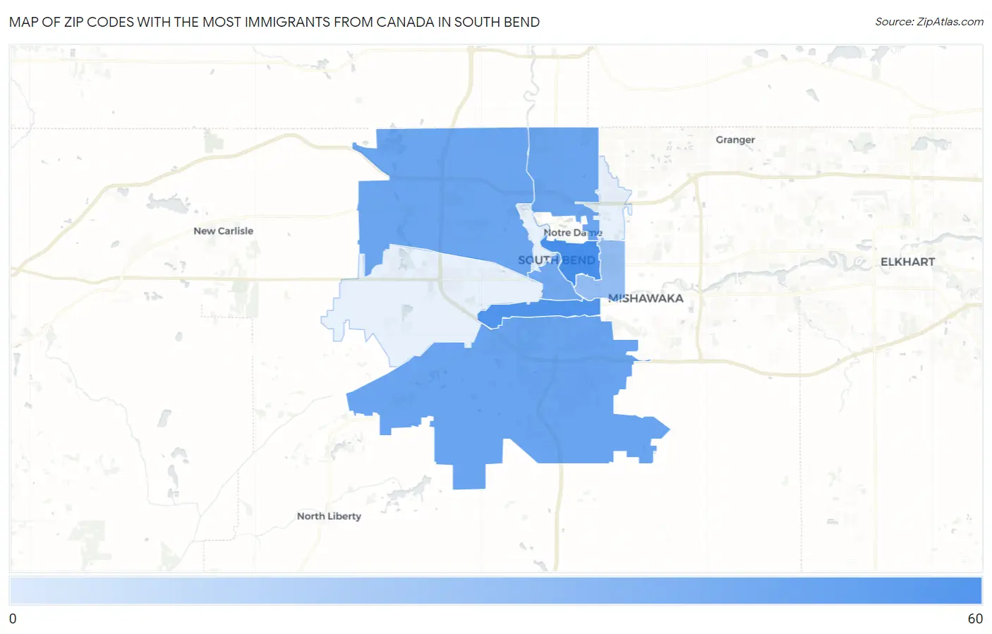Zip Codes with the Most Immigrants from Canada in South Bend Map