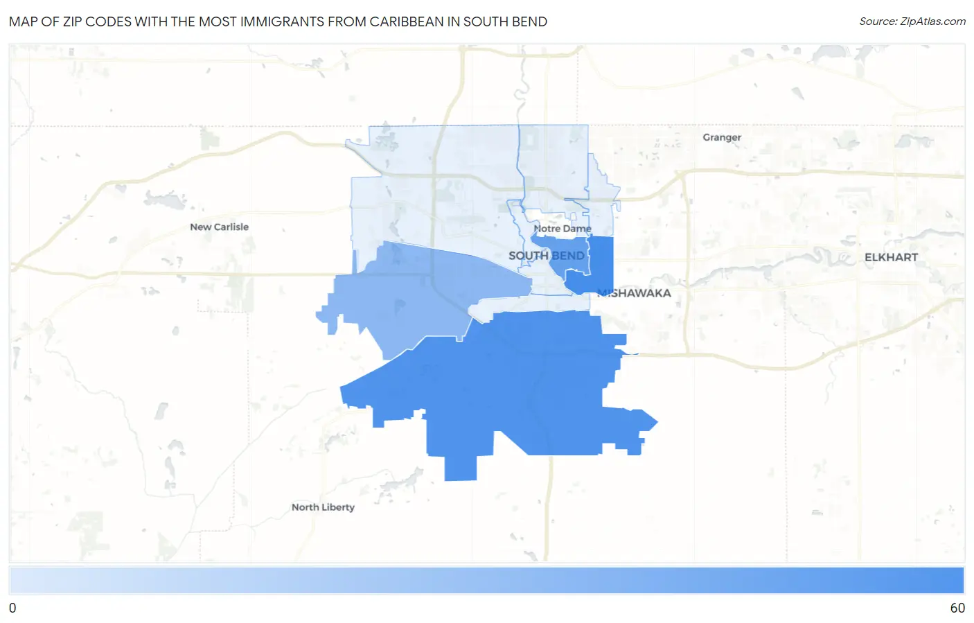 Zip Codes with the Most Immigrants from Caribbean in South Bend Map