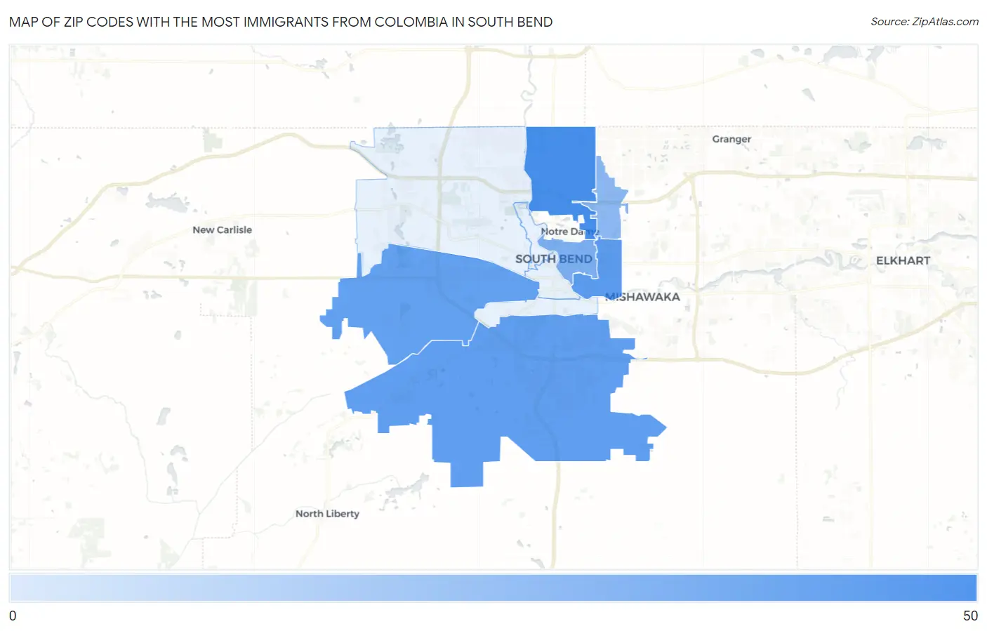 Zip Codes with the Most Immigrants from Colombia in South Bend Map
