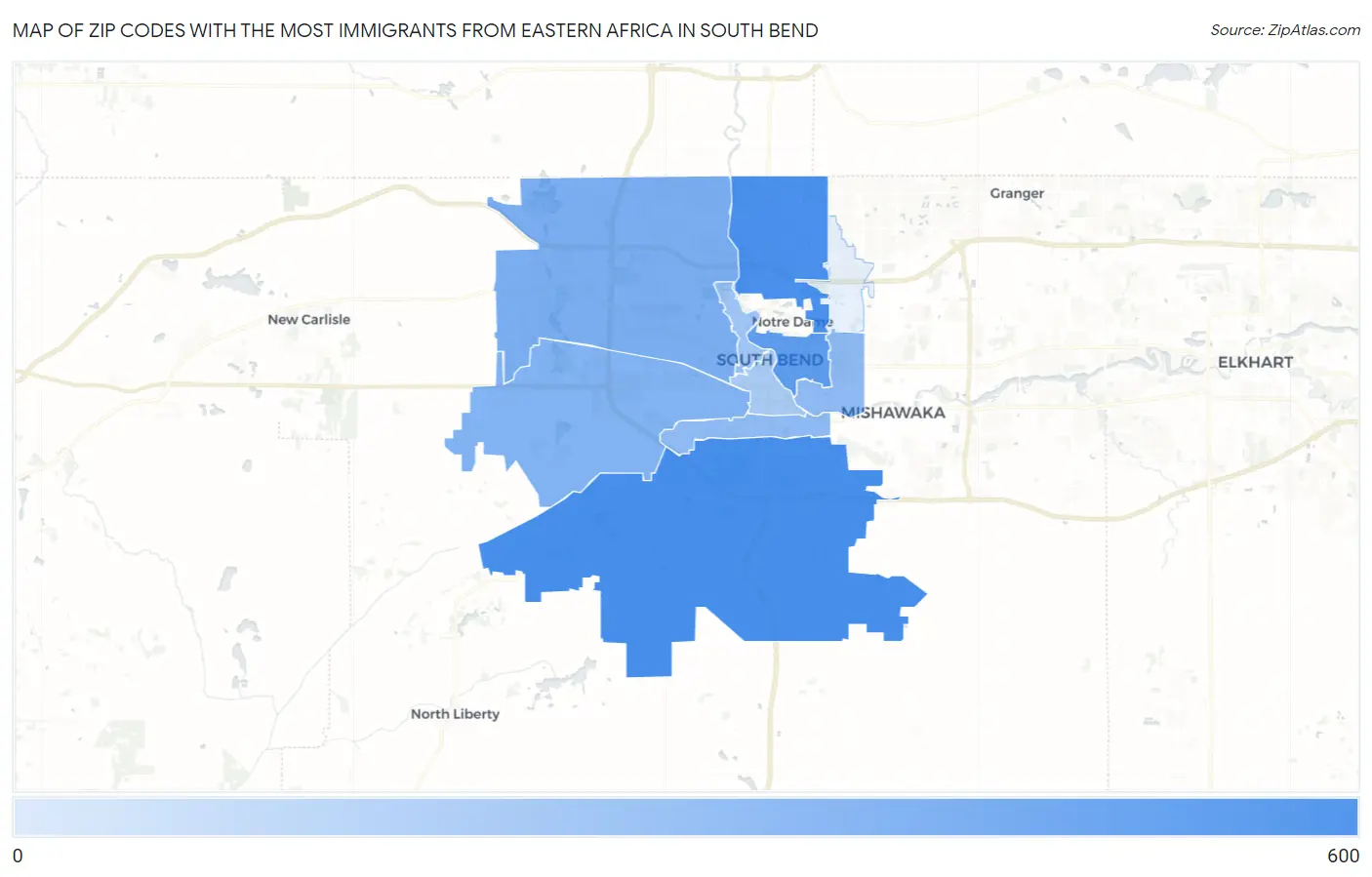 Zip Codes with the Most Immigrants from Eastern Africa in South Bend Map
