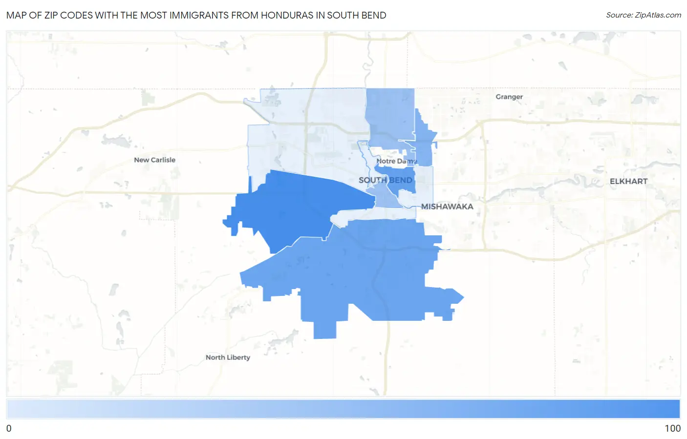 Zip Codes with the Most Immigrants from Honduras in South Bend Map
