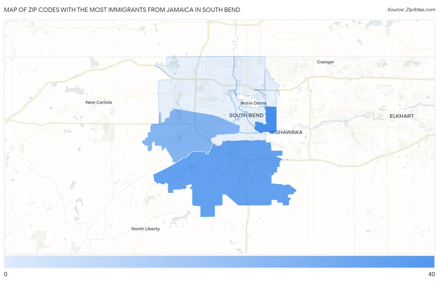Zip Codes with the Most Immigrants from Jamaica in South Bend Map