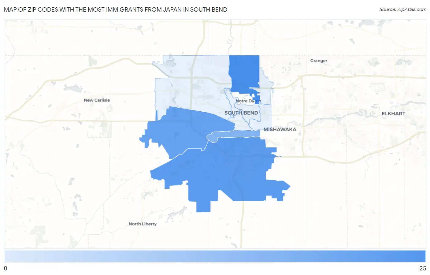 Zip Codes with the Most Immigrants from Japan in South Bend Map