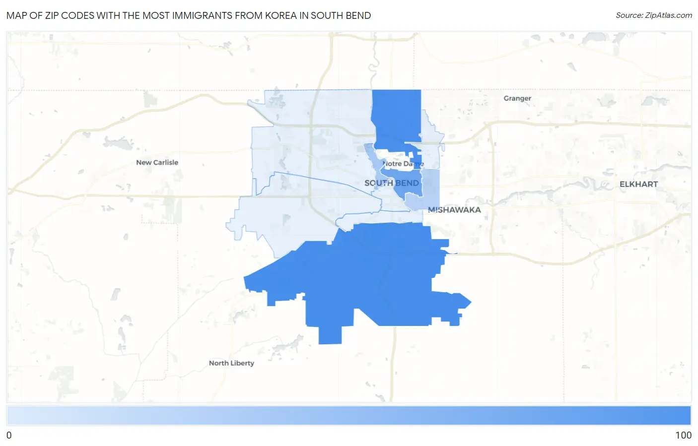Zip Codes with the Most Immigrants from Korea in South Bend Map