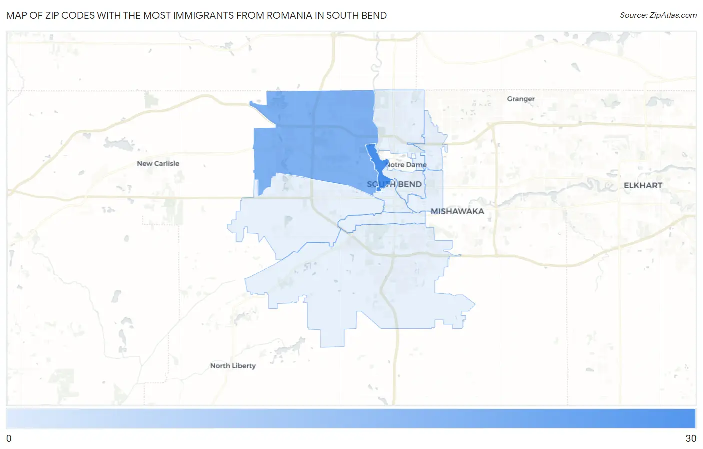 Zip Codes with the Most Immigrants from Romania in South Bend Map
