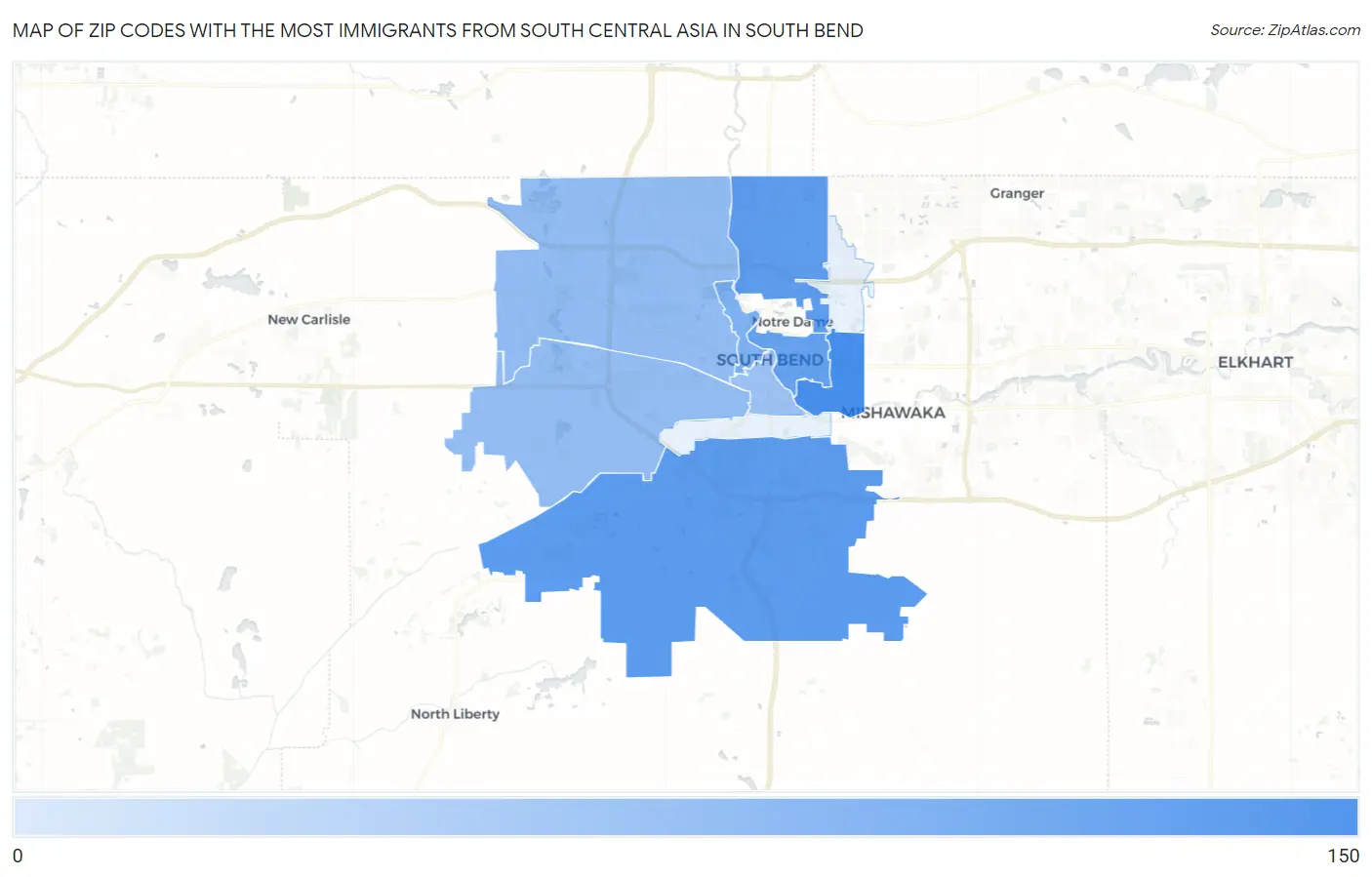 Zip Codes with the Most Immigrants from South Central Asia in South Bend Map
