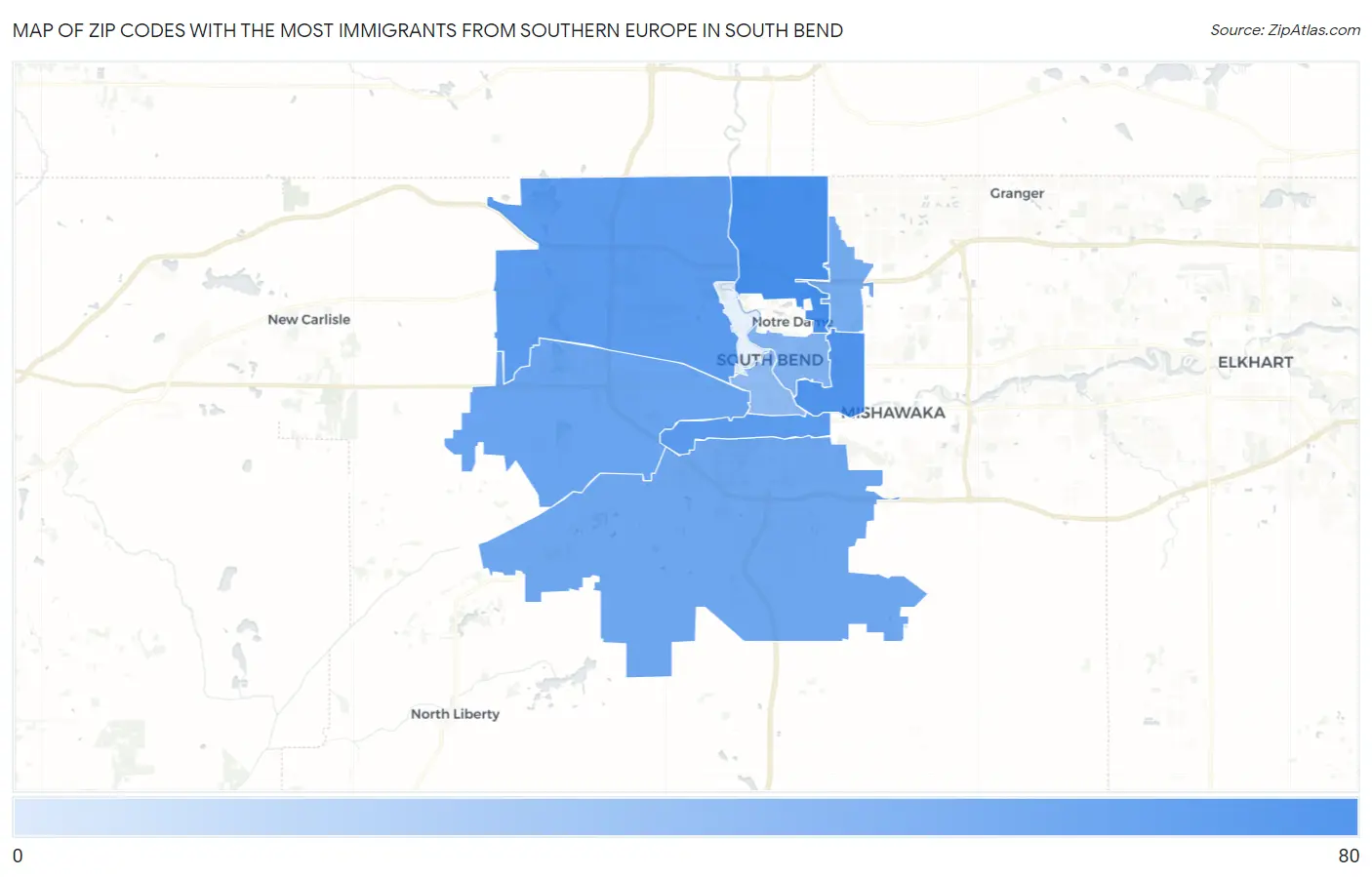 Zip Codes with the Most Immigrants from Southern Europe in South Bend Map