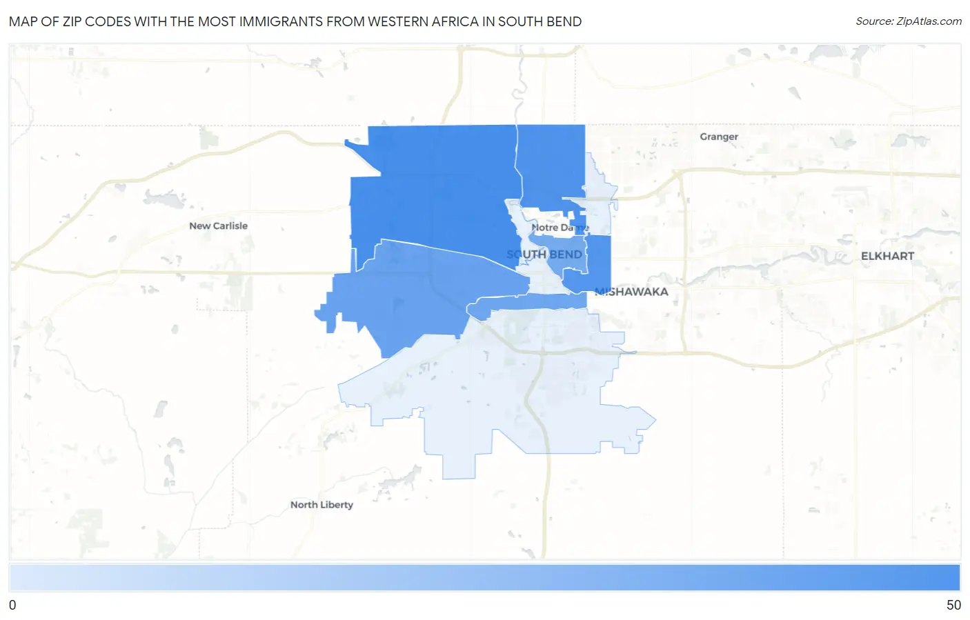 Zip Codes with the Most Immigrants from Western Africa in South Bend Map