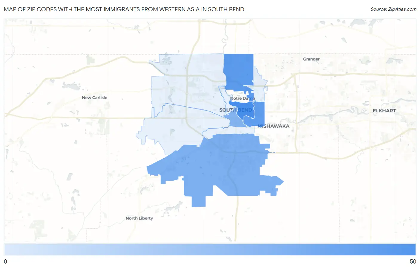 Zip Codes with the Most Immigrants from Western Asia in South Bend Map