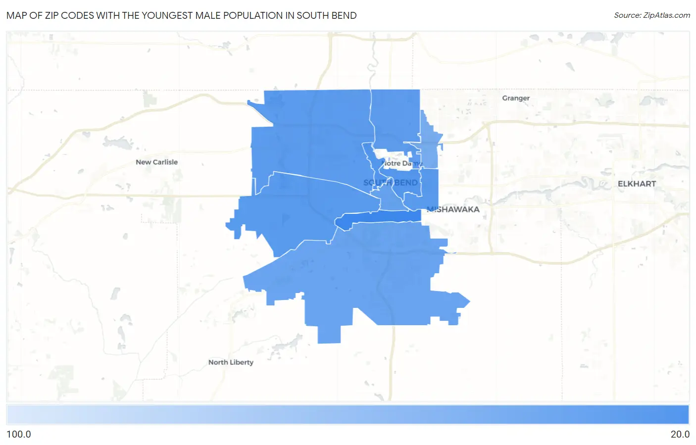 Zip Codes with the Youngest Male Population in South Bend Map
