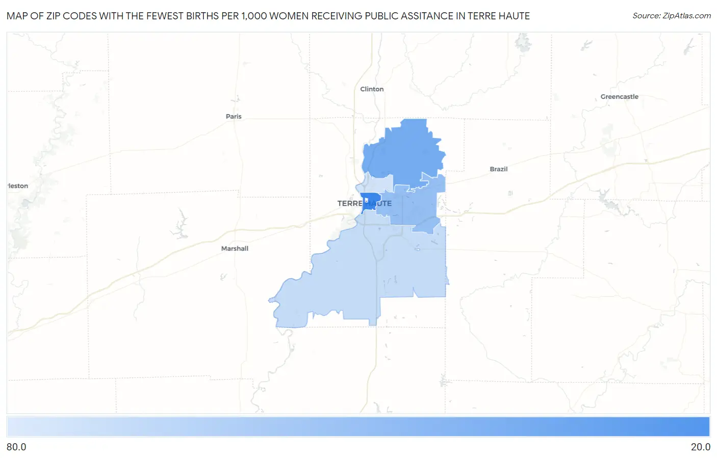 Zip Codes with the Fewest Births per 1,000 Women Receiving Public Assitance in Terre Haute Map