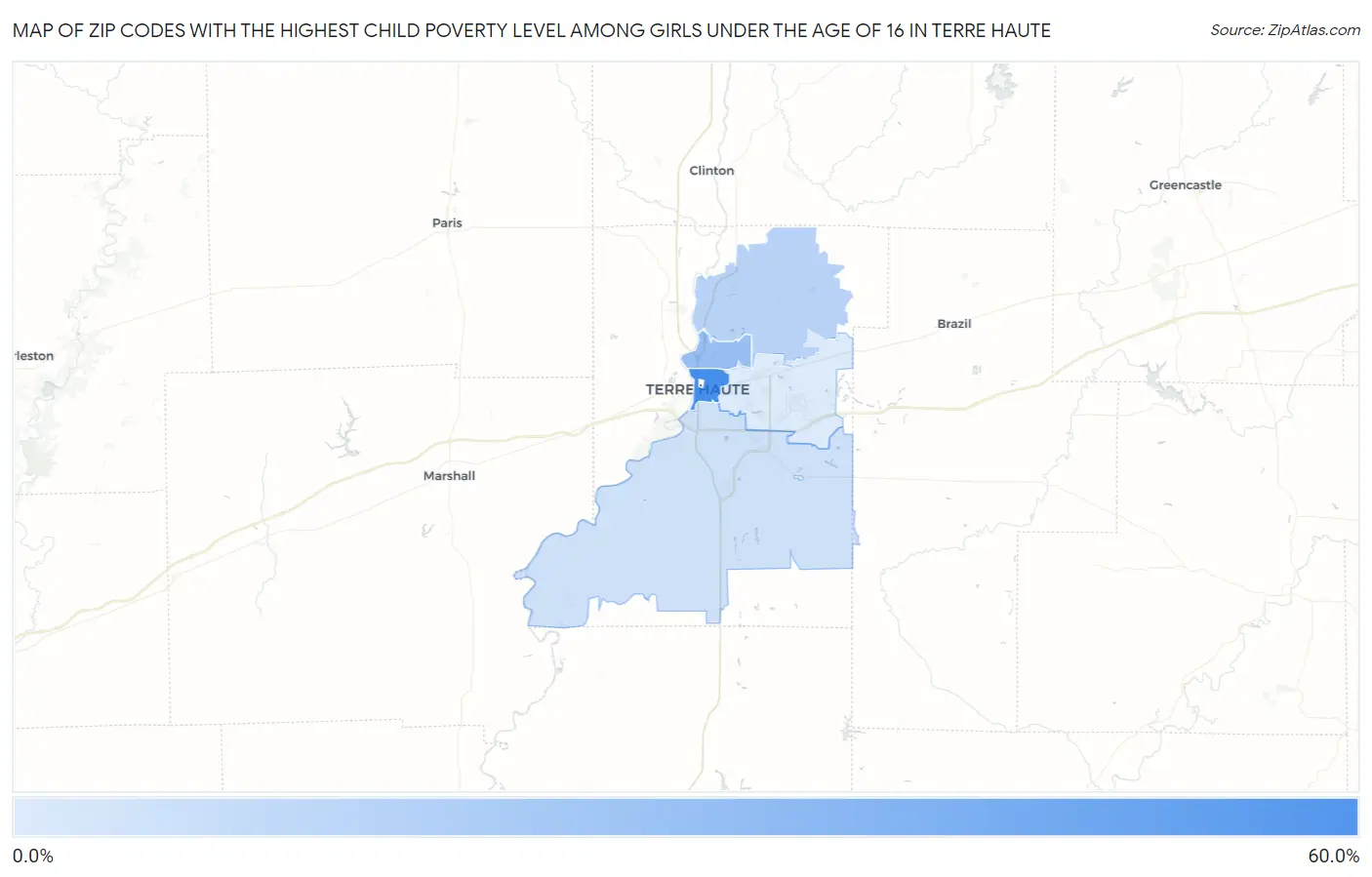 Zip Codes with the Highest Child Poverty Level Among Girls Under the Age of 16 in Terre Haute Map