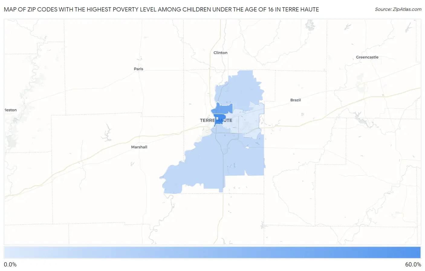 Zip Codes with the Highest Poverty Level Among Children Under the Age of 16 in Terre Haute Map