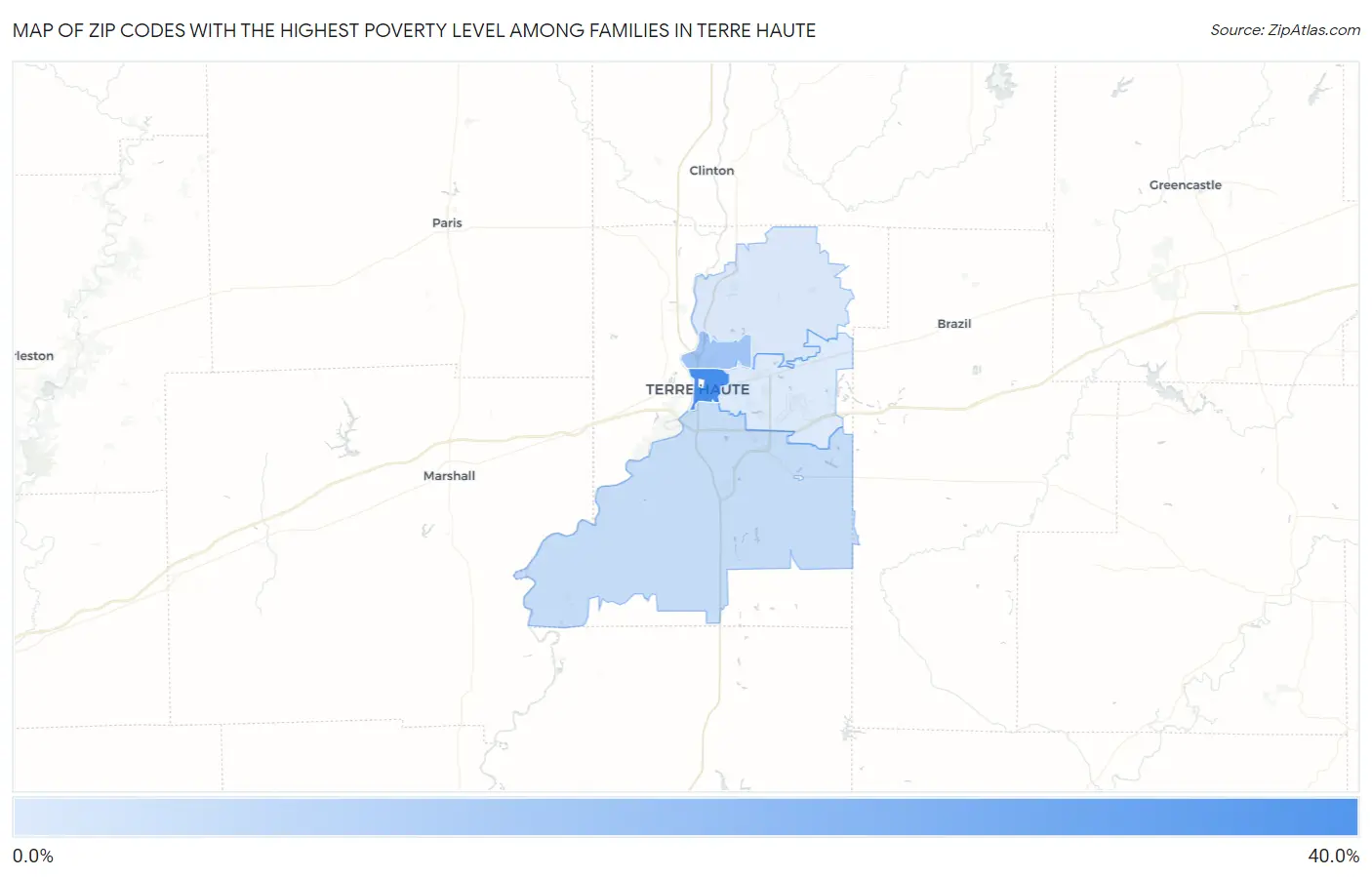 Zip Codes with the Highest Poverty Level Among Families in Terre Haute Map
