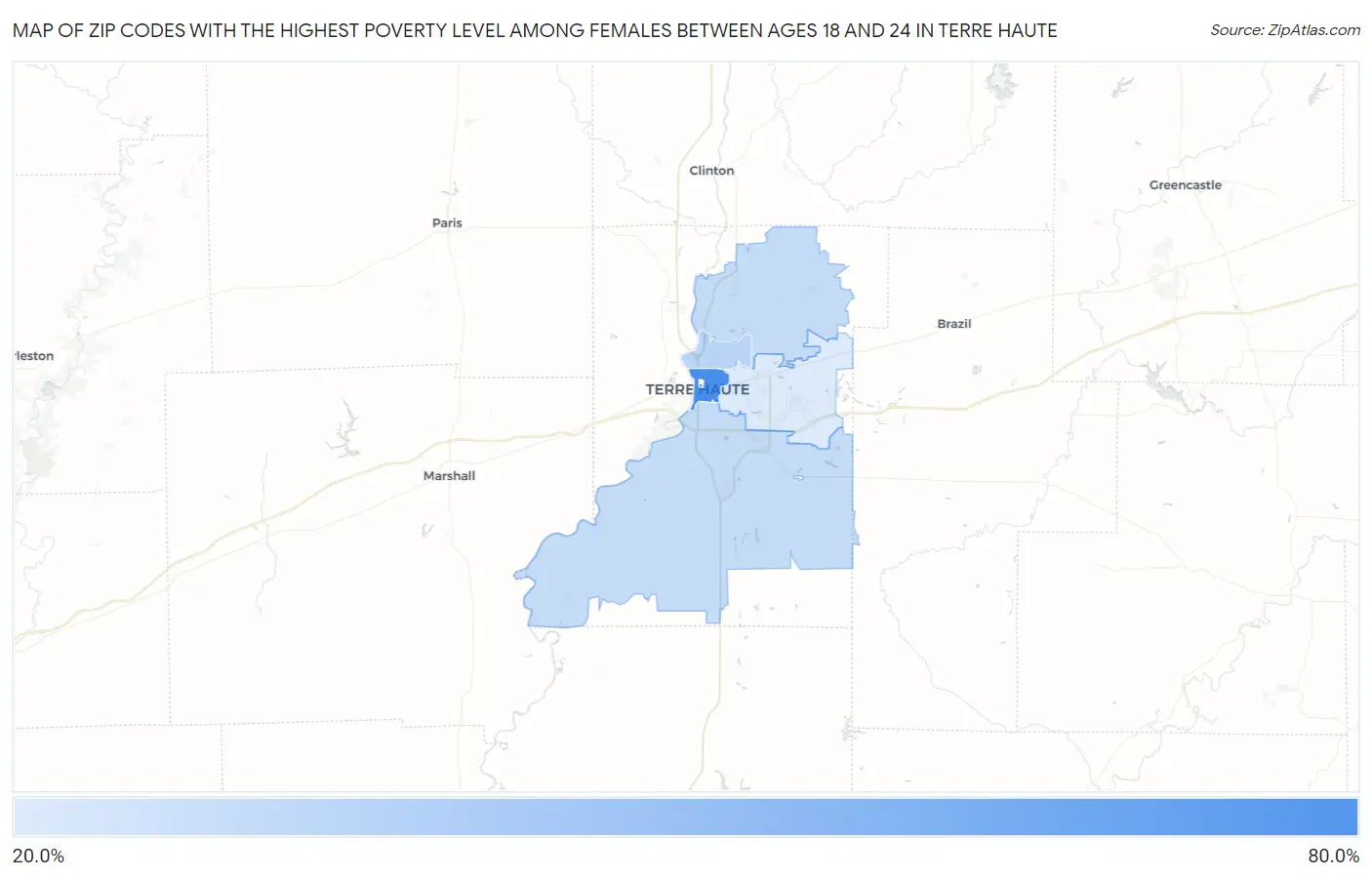 Zip Codes with the Highest Poverty Level Among Females Between Ages 18 and 24 in Terre Haute Map