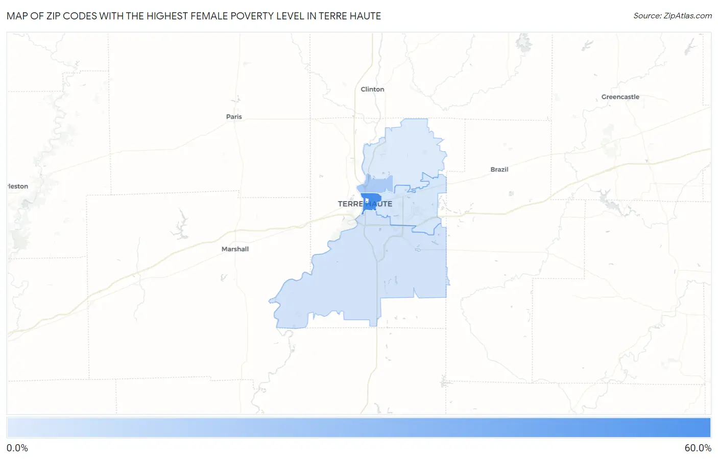 Zip Codes with the Highest Female Poverty Level in Terre Haute Map