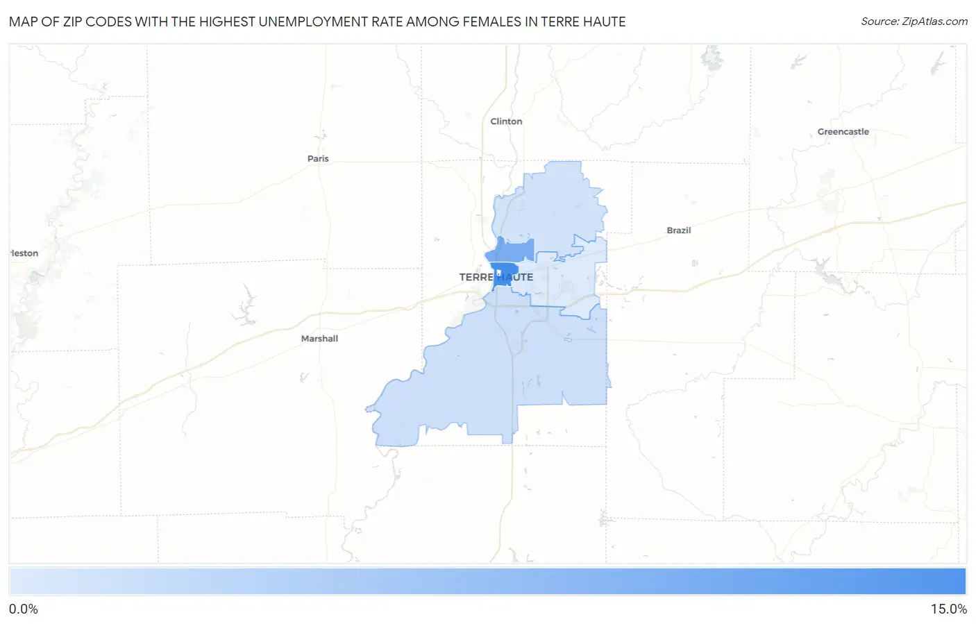 Zip Codes with the Highest Unemployment Rate Among Females in Terre Haute Map
