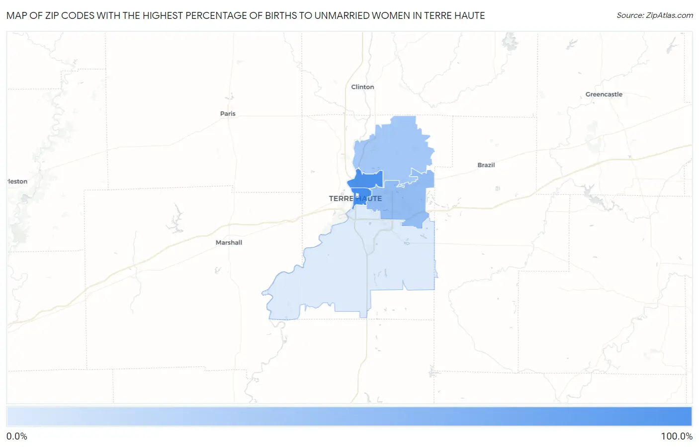 Zip Codes with the Highest Percentage of Births to Unmarried Women in Terre Haute Map