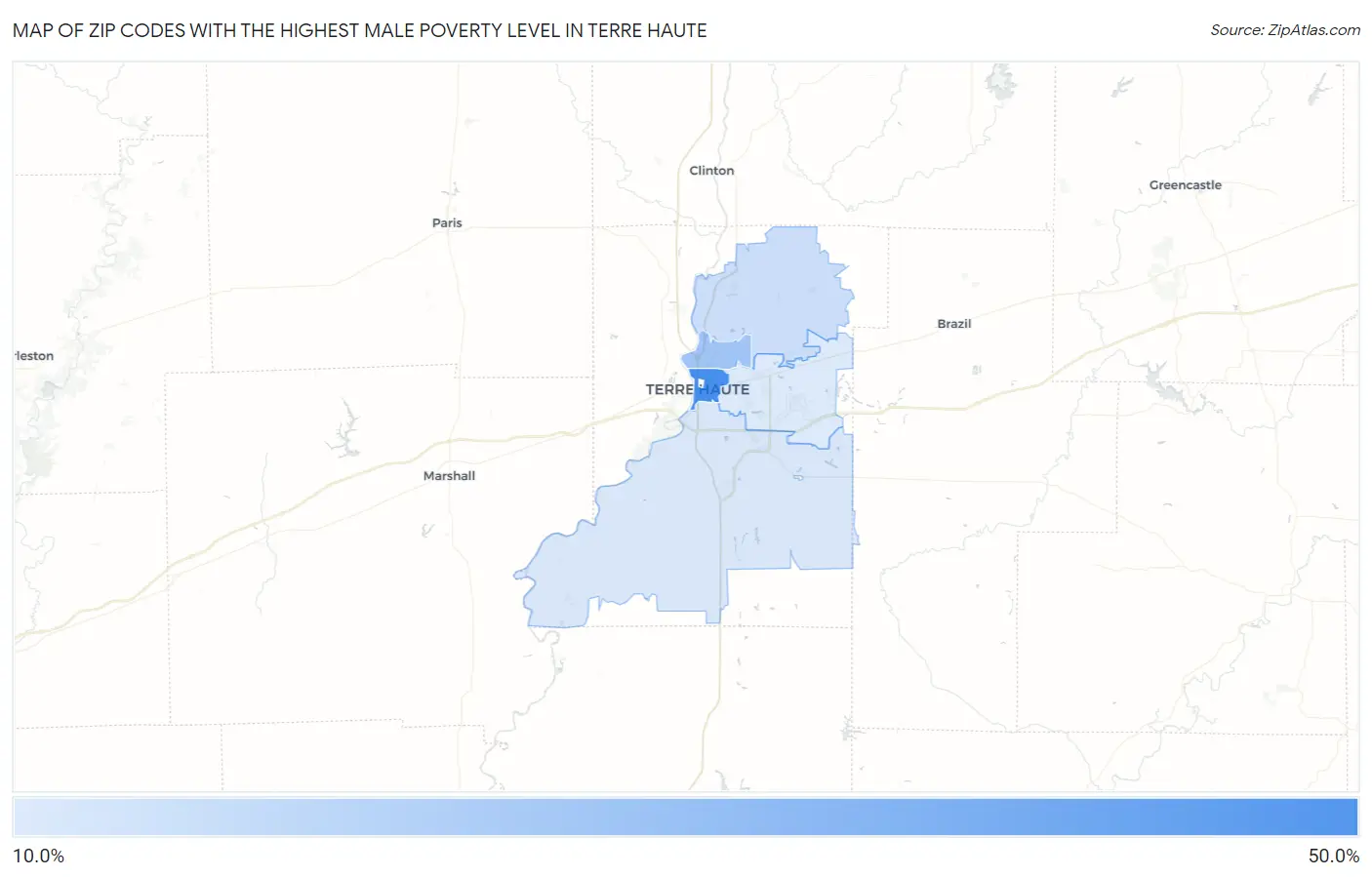 Zip Codes with the Highest Male Poverty Level in Terre Haute Map