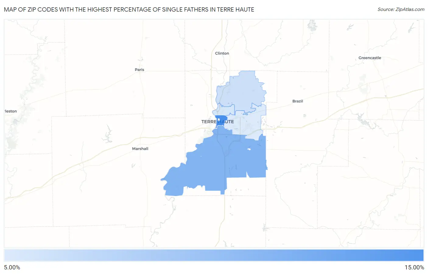 Zip Codes with the Highest Percentage of Single Fathers in Terre Haute Map