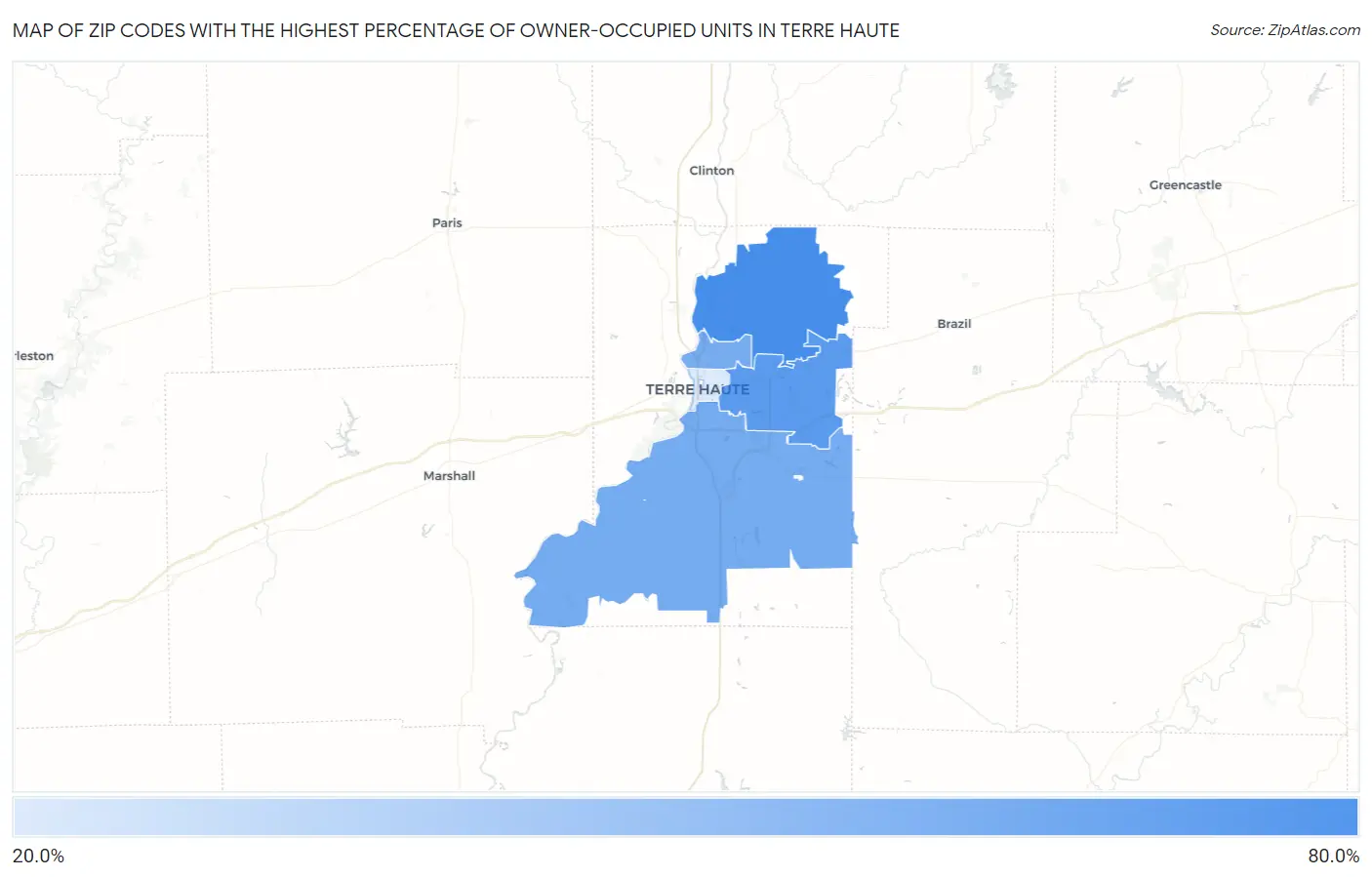 Zip Codes with the Highest Percentage of Owner-Occupied Units in Terre Haute Map